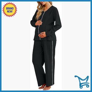 Maternity Nursing Pajama Set Button Down V-Neck Pants Pockets